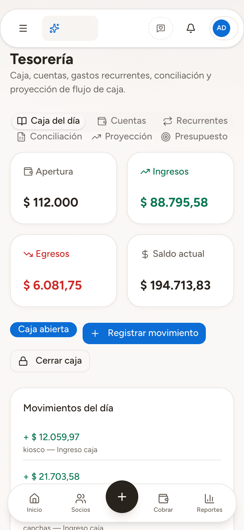 Tesorería en el celular: caja del día con apertura, ingresos, egresos y saldo actual